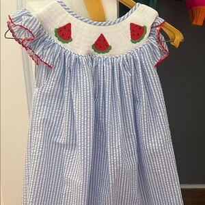 Blue and White Striped Dress with Watermelon Embroidery (Full Length)